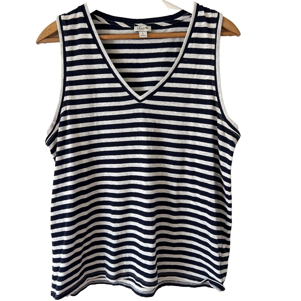 J Crew Navy Tank Top Womens Sz Large Tennis Prep Preppy Coastal Summer Striped